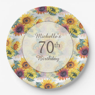 Elegant Yellow Sunflowers Greenery 70th Birthday Paper Plates