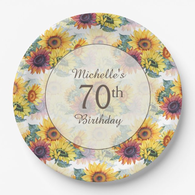 Elegant Yellow Sunflowers Greenery 70th Birthday Paper Plates (Front)