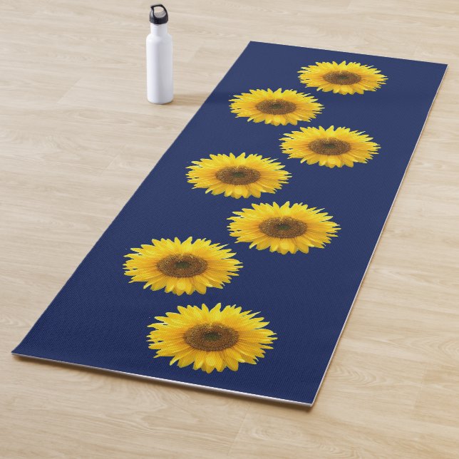 Elegant Yellow Sunflowers on Navy Blue Yoga Mat (In Situ)