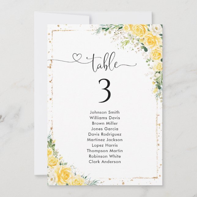 Elegant Yellow Table Number Seating Chart (Front)