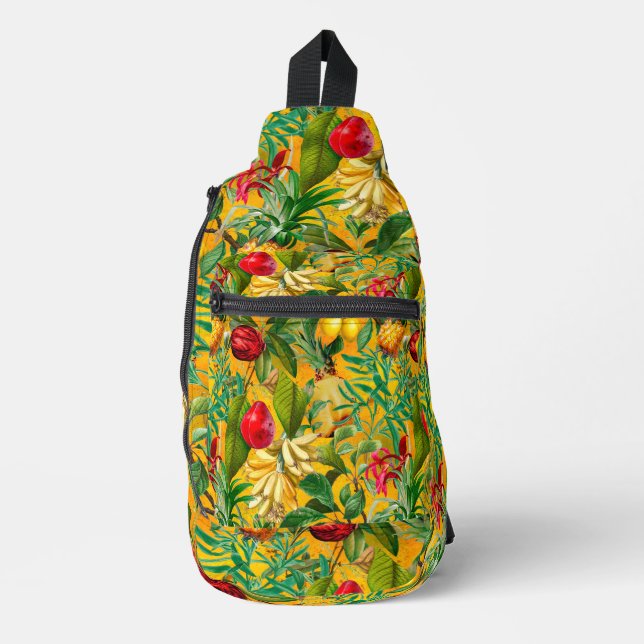Elegant yellow tropical leaves fruits printed sling bag (Front)
