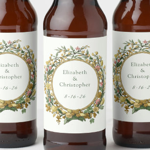 Elegant Yellow Vintage Floral Wedding  Beer Bottle Label