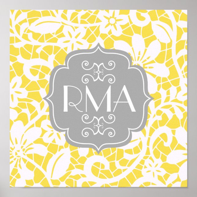 Elegant Yellow Vintage Lace Personalized Monogram Poster (Front)