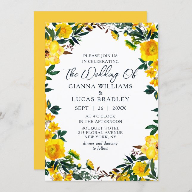 Elegant Yellow Watercolor Botanical Floral Wedding Invitation (Front/Back)