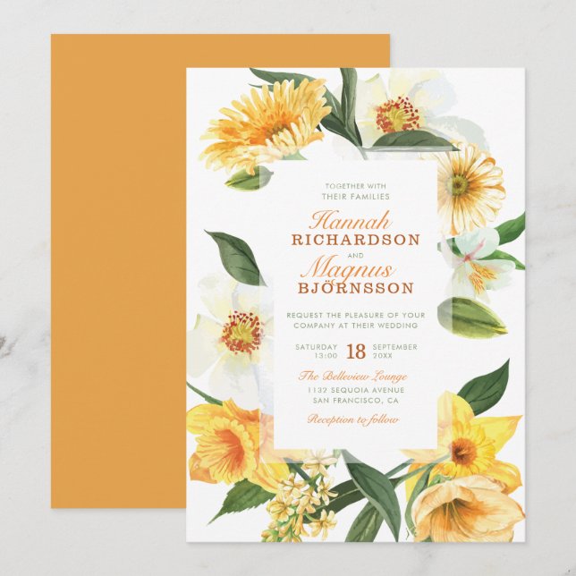 Elegant Yellow Watercolor Daisies Floral Wedding Invitation (Front/Back)
