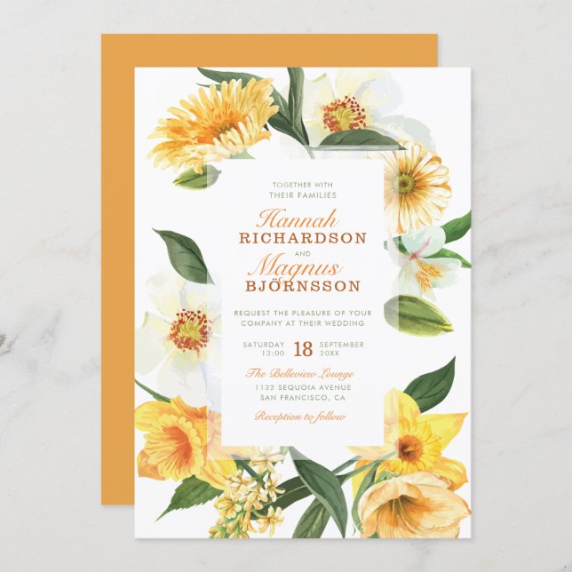 Elegant Yellow Watercolor Daisies Floral Wedding Invitation (Front/Back)