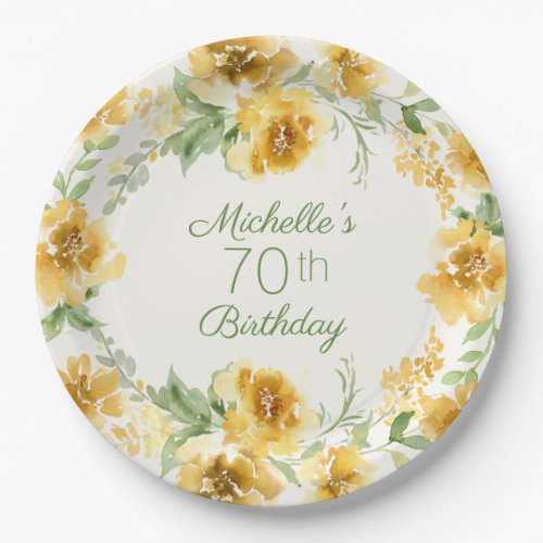 Elegant Yellow Watercolor Floral 70th Birthday   P Paper Plates