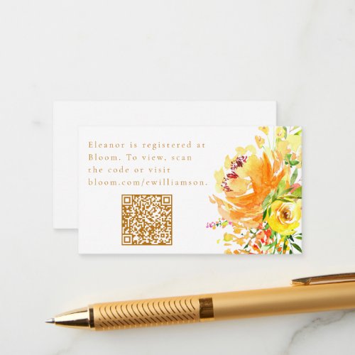 Elegant Yellow Watercolor Floral Bridal Shower QR  Enclosure Card