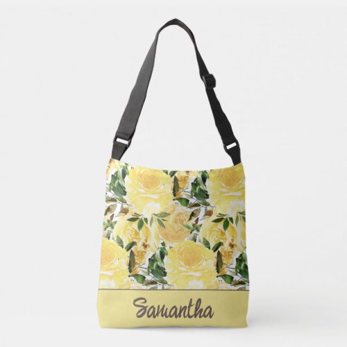 Elegant Yellow Watercolor Floral Name  Crossbody Bag