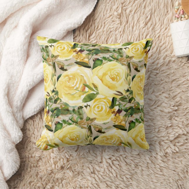 Elegant Yellow Watercolor Floral Roses Greenery  Throw Pillow (Blanket)