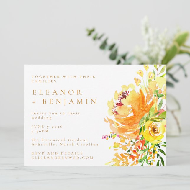 Elegant Yellow Watercolor Floral Stylish Wedding Invitation (Standing Front)