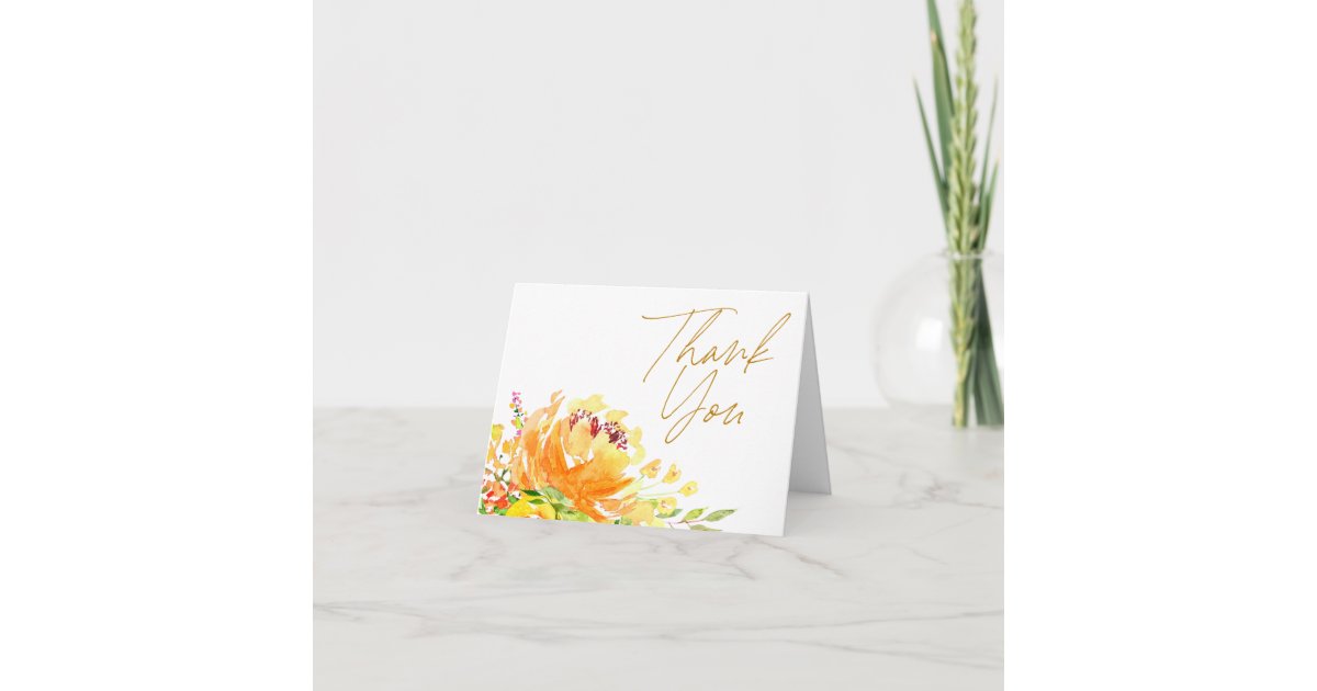 Elegant Yellow Watercolor Floral Wedding Message Thank You Card | Zazzle