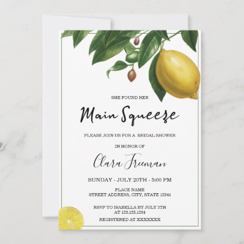 Elegant Yellow Watercolor Lemon Bridal Shower Invitation
