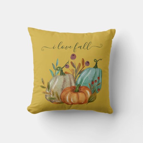 Elegant Yellow Watercolor Pumpkin Farmhouse Fall Throw Pillow