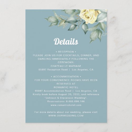 Elegant yellow watercolor roses wedding details enclosure card