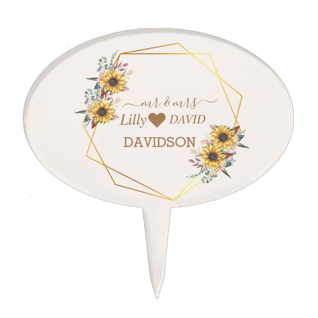 Elegant Yellow Watercolor Sunflower Sunny  Cake Topper (Front)