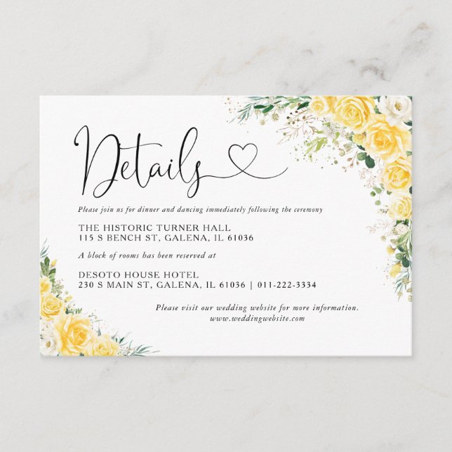 Elegant Yellow Wedding Details Card (Front)