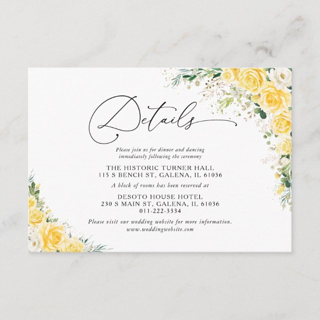 Elegant Yellow Wedding Details Card (Front)