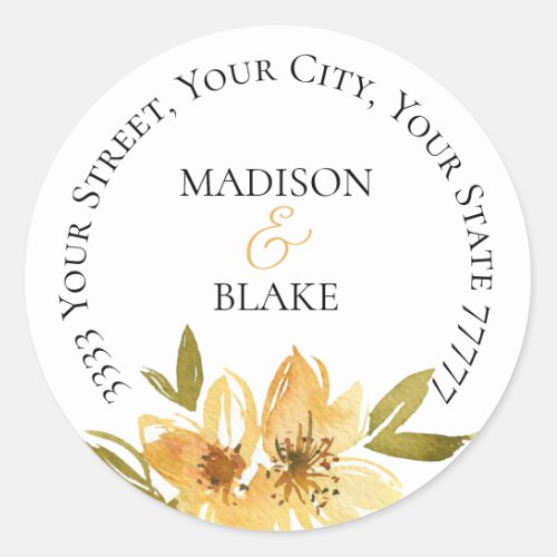 Elegant Yellow Wedding Return Address Classic Round Sticker