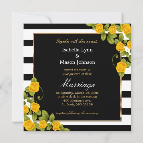 Elegant Yellow Wedding Roses Black  White Stripes Invitation