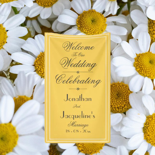  Elegant Yellow Wedding Welcome Banner Backdrop (Beautiful sunny yellow 'Welcome to our Wedding' backdrop banner. Chic script. Perfect for pictures.)