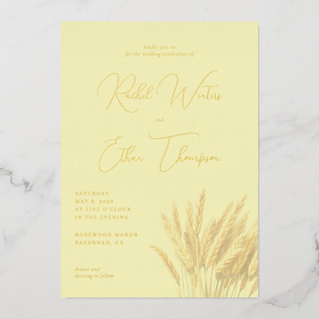 Elegant Yellow Wheat Stalks Foil Invitation (Front)