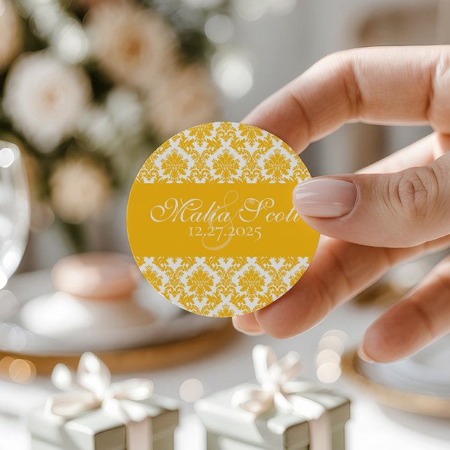 Elegant Yellow White Damask Wedding Favor Classic Round Sticker (Creator Uploaded)
