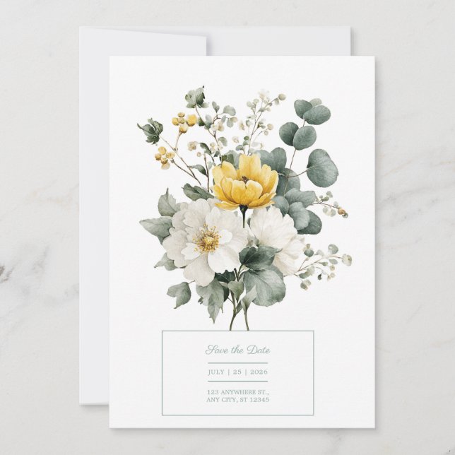 Elegant Yellow White Floral Eucalyptus Watercolor Invitation (Front)