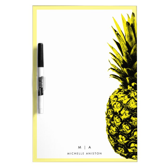 Elegant Yellow White Pineapple Monogram Custom Dry Erase Board (Front)