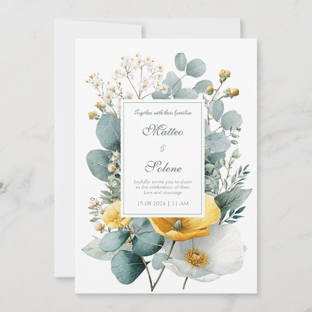 Elegant Yellow White Poppy Eucalyptus Watercolor Invitation (Front)