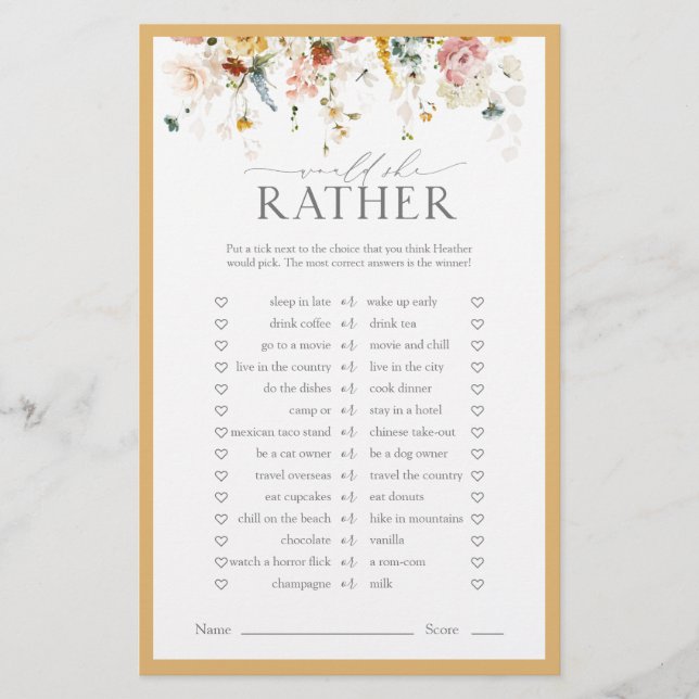 Elegant Yellow Wildflower Bridal Shower Game (Front)