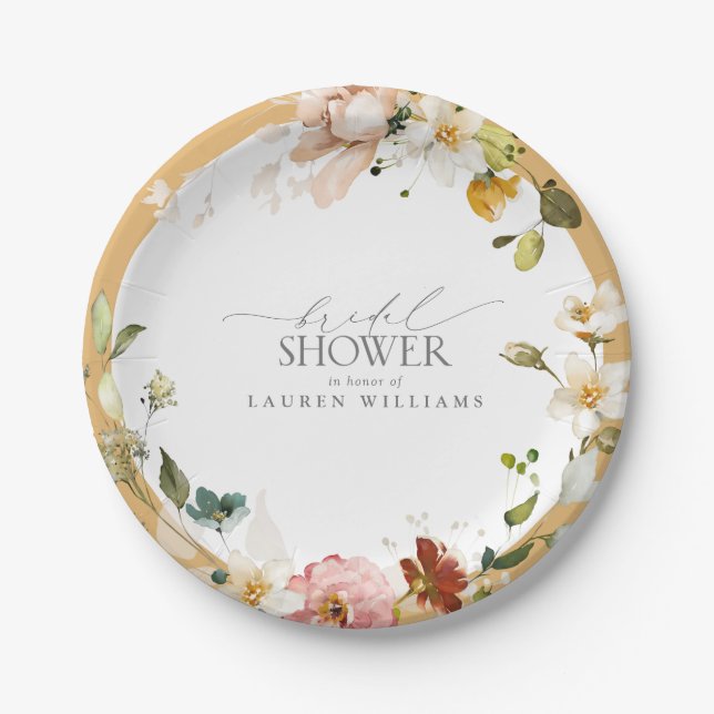 Elegant Yellow Wildflower Bridal Shower Paper Plates (Front)