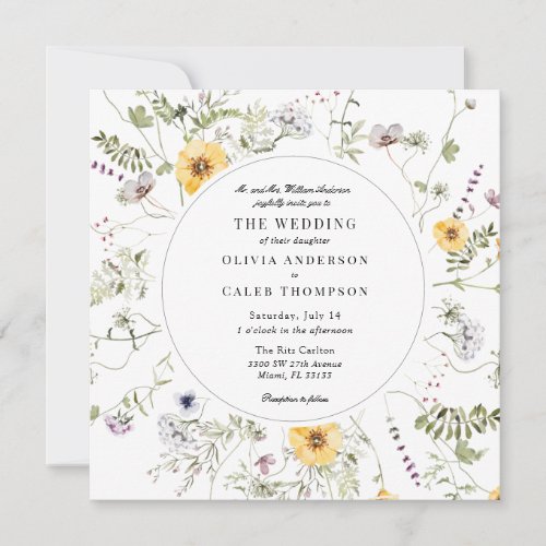 Elegant Yellow Wildflower Greenery Frame Wedding I Invitation
