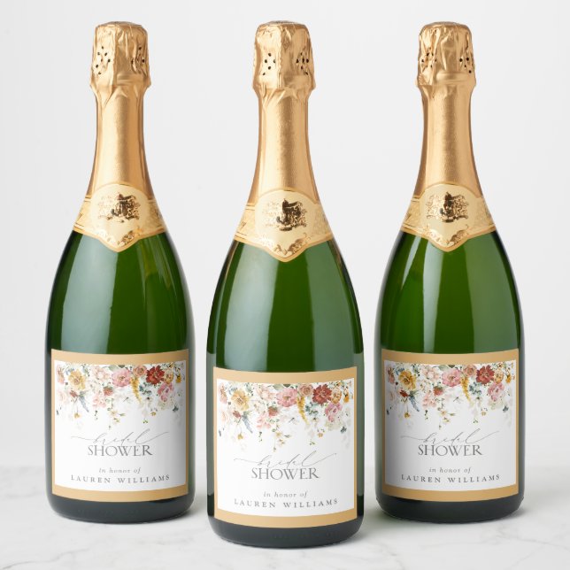 Elegant Yellow Wildflower Watercolor Bridal Shower Sparkling Wine Label (Bottles)
