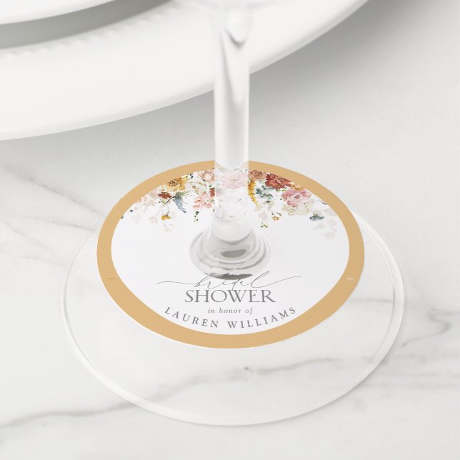 Elegant Yellow Wildflower Watercolor Bridal Shower Wine Glass Tag (Close Up)