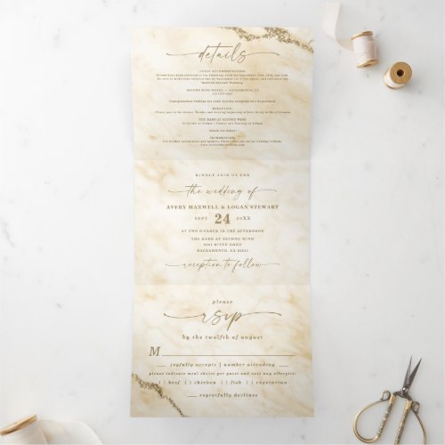 Elegant Yellow with Gold Foil Marble Wedding Tri_Fold Invitation