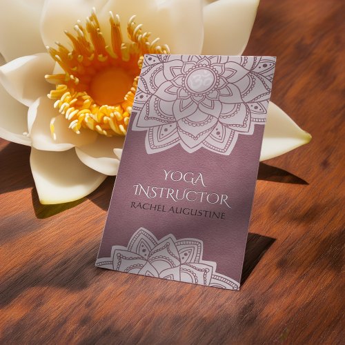 Elegant Yoga Floral Mandala OM Sign Purple Leather Business Card