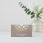 Elegant Yoga Gold Lotus Mandala Taupe Linen Business Card (Standing Front)
