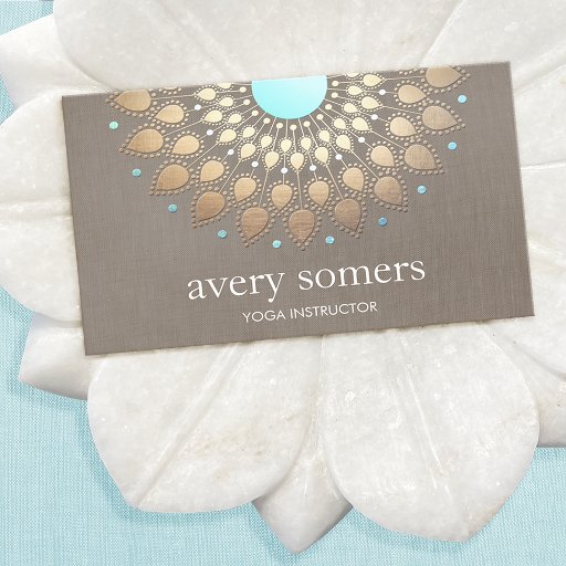 Customizable Elegant Gold Ornate Lotus Mandala Taupe Linen Look Business Cards