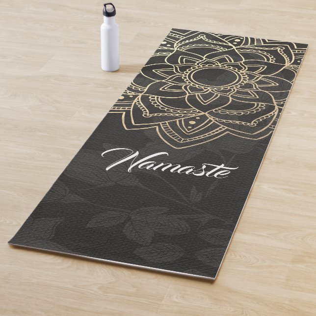 Elegant YOGA Instructor Black Gold Floral Mandala Yoga Mat (In Situ)