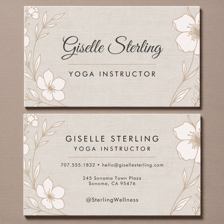 Elegant Yoga Instructor Botanical Floral Linen Business Card