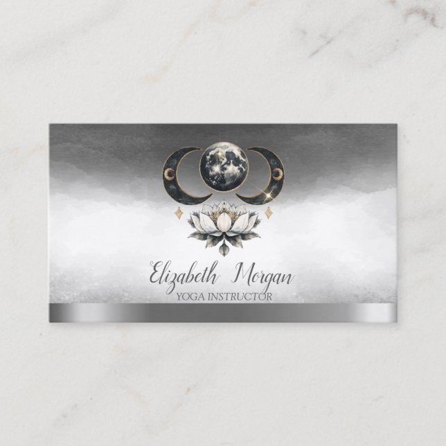 Elegant Yoga Instructor Lotus Moon Silver Business Card (Front)