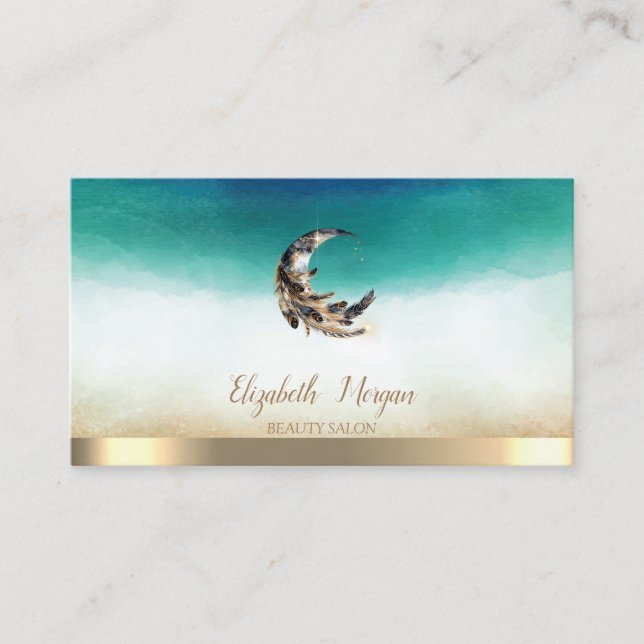Elegant Yoga Instructor Moon Feather Business Card (Front)