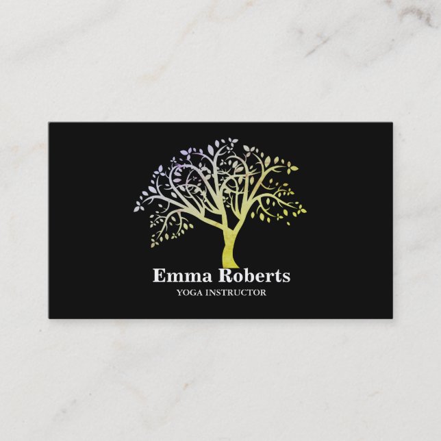 Elegant Yoga Instructor Rose Gold Tree Business Card (Front)