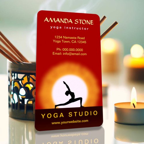 Elegant Yoga Instructor Sunrise Warrior Pose Business Card