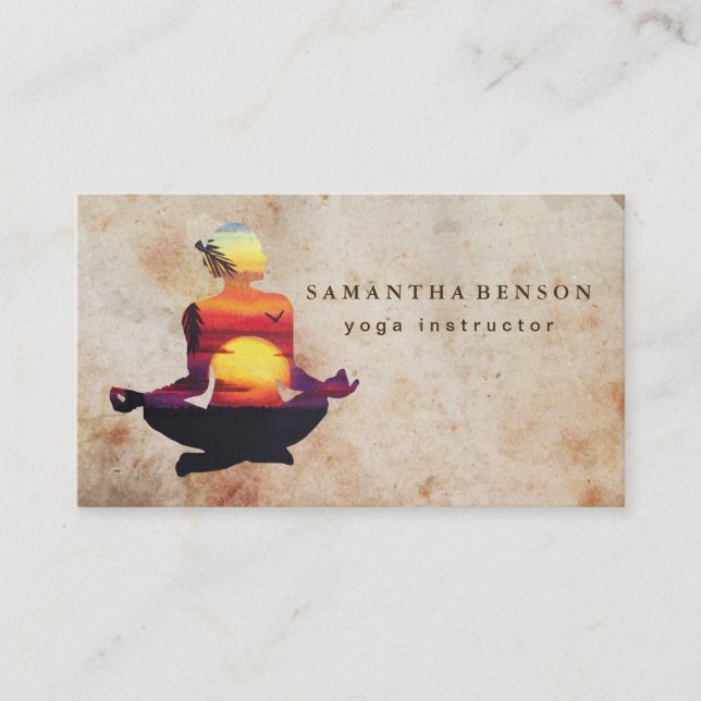 Elegant Yoga Instructor Sunset Watercolor Yoga Business Card (Front)