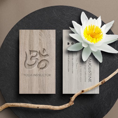 Elegant Yoga Om Symbol Carving Words in Wood Business Card