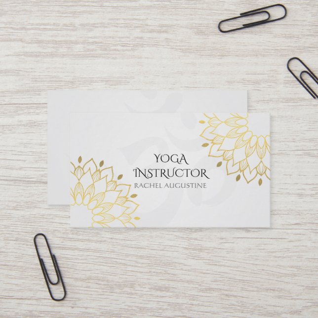 Elegant Yoga White Gold Floral Om Symbol Mandala Business Card (Front/Back In Situ)