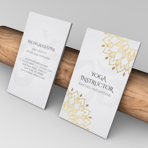 Elegant Yoga White Gold Floral Om Symbol Mandala Business Card