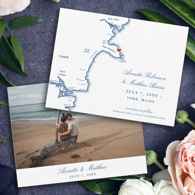 Elegant York Maine Destination Wedding Save The Date (These elegant York, Maine map save the dates are perfect for your coastal Maine destination wedding)